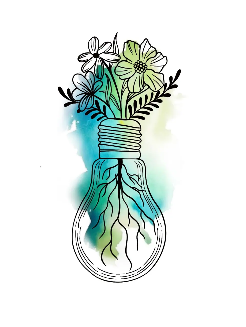 Création tatouage ampoule bleu vert fleur aquarelle par Sarah Fleur