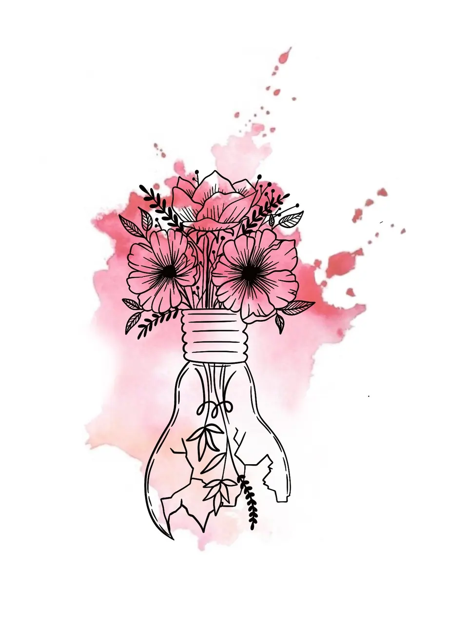 Création tatouage ampoule fleurs aquarelle rose par Sarah Fleur