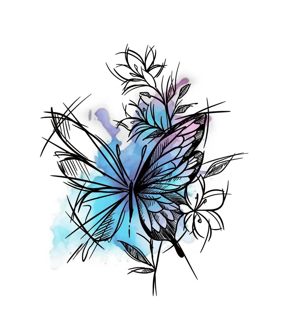 Création tatouage papillon bleu violet aquarelle par Sarah Fleur